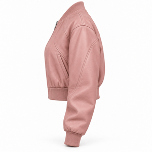 Blush Pink Genuine Lambskin <b>Leather</b> Cropped Bomber Jacket Womens Petal Stitched Panel Rib Hem Metal Zip Custom OEM Wholesale - Product Image 4