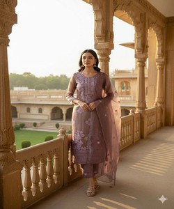 MODERN TWILL COTTON EMBROIDERY WORK <b>TOP</b> BOTTOM WITH DUPATTA <b>FESTIVE</b> WEAR WHOLESALE PRICE ETHNIC GARMENT LAVENDER - Product Image 2