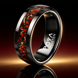 Bague en carbure de tungstène avec incrustation d'os de dinosaure et de feuille d'or, alliance biseautée pour femmes et hommes, bijoux de luxe anciens en gros - Product Image 3
