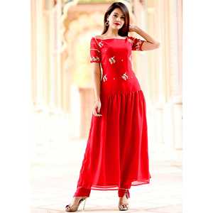 Conjunto de Kurta de Chifón Gherdaar de Manga Corta con Adornos Rojos Talla XS - Product Image 4