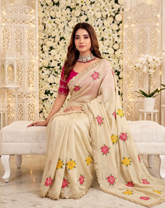 AARA Fashion - Sari de Seda con Bordado Floral Crema y Blusa Rosa para Boda, Traje Tradicional Indio para Mujer, Largo hasta el Suelo - Product Image 5