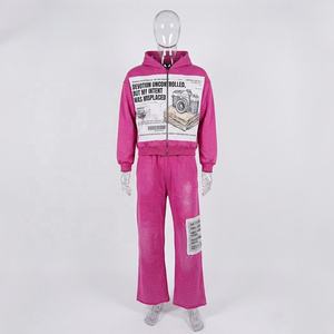 Custom Heavyweight <b>Retro</b> Acid Wash Rhinestone <b>Tracksuit</b> Men Streetwear Vintage Graphic Print Applique Patch Hoodie Set Jogger - Product Image 3