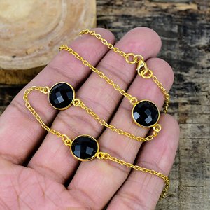 Natural <b>Black</b> Onyx Round Shape Charm Gemstone <b>Chain</b> Necklace 18k Gold Micron Over 925 Sterling Silver - Product Image 2