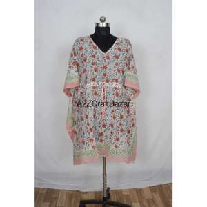 Robe Kaftan Midi Femme 100% Coton Faite à la Main, Col V, Motif Floral Vintage Romantique, Manches Courtes, Légère, Printemps - Product Image 3