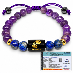 Bracelet en cristal premium du zodiaque Aquarius avec perles d'améthyste, étiquette en cuivre gravée d'un symbole sanskrit - Cadeau souvenir - Product Image 2