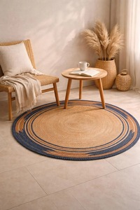 Alfombra Redonda de Yute Trenzado, Estilo Bohemio a Rayas, Pelo Plano, Antideslizante, para Sala de Estar, Hecha a Mano, Ecológica - Product Image 3