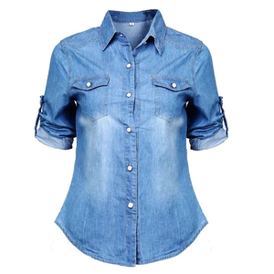 Nuevo Diseño Camisas Vaqueras Vintage de Verano para Mujer, Azules de Algodón con Manga Raglán, Cuello con Botones, Ajuste Casual Ceñido, Ecológicas - Product Image 1
