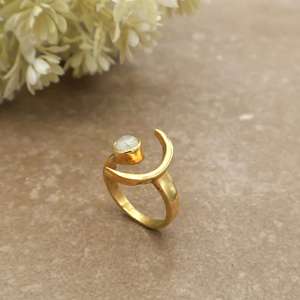 Handcrafted Natural Round Rainbow Moonstone Bezel Setting <b>Ring</b> 14k Gold Plated Brass SHYAM JEWELRS Boho Statement Jewelry Unisex - Product Image 4