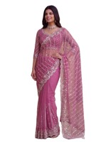 Sari rose de créateur en tulle, entièrement brodé avec des sequins et des perles, idéal pour les mariages et les soirées, longueur ras du sol, style Bollywood pour femme