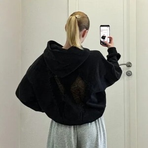 Wholesale high quality Women's Black Cutout Back Hoodie <b>Butterfly</b> Wing Lace Detail design Oversized Long <b>Sleeve</b> outdoor Fit - Product Image 4