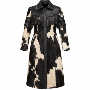 <b>Womens</b> Black White Cowhide Fur Western Fringe Duster Coat Yoke <b>Tassel</b> Leather Trench Long Outerwear Oem Service - Product Image 1