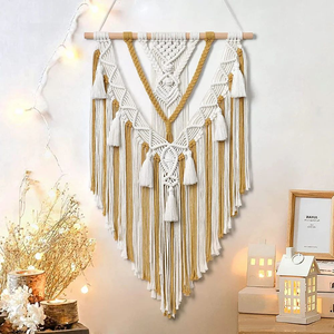 Yellow Boho Macrame <b>Wall</b> Hanging Tapestry Cotton Rope Geometric Tassel <b>Wall</b> <b>Decor</b> for Bedroom Living Room Nursery 12 x 30 inches - Product Image 4