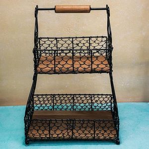 Estante de metal de dos niveles para especias con mango de madera, organizador rústico para especias de cocina - Product Image 2