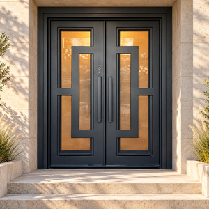 GA-40G Puerta de Entrada Doble de Madera Sólida Moderna de Última Generación con Vidrio Cortado por CNC para Apartamento - Product Image 1
