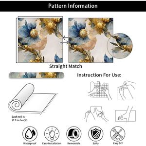 Carta da Parati Vintage Floreale Grande, Facile da Applicare e Rimuovere, Motivo Astratto Marmo e Fiori in Oro/Blu, Carta Adesiva Classica per Pareti - Product Image 3