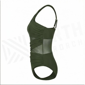 One Shoulder Asymmetric One Piece Swimsuit With Mesh Detail High Waist Women's Swimwear Solid <b>Green</b> Stretch <b>Bodysuit</b> - Product Image 3