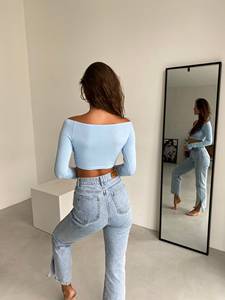 Pull court en molleton bleu clair à col rond pour femme, coupe ample, manches courtes, décontracté, toutes saisons, séchage rapide, polyester/coton - Product Image 2