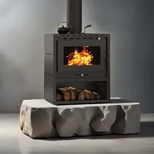 Cheminée extérieure autoportante en acier noir à bois avec porte en verre et rangement pour bûches pour patio et jardin - Product Image 1