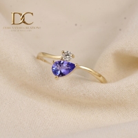 Bague en or jaune massif 14 carats avec diamant de laboratoire et tanzanite taille brillant rond, certifiée IGI, alliance de luxe pour elle