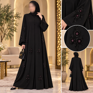 Abaya noire de qualité supérieure pour femmes avec broderie perlée |   Robe musulmane modeste à manches longues, tenue islamique ample et élégante, abaya - Product Image 4