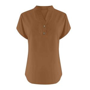 T-shirt décontracté pour femme à col rond et boutons sur le devant, manches courtes, mélange coton-élasthanne, grande taille, anti-plis, toutes saisons - Product Image 5