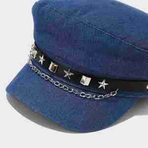 Gorra plana retro con remaches de cadena, azul marino, para mujer, estilo otoñal, que estiliza el rostro, gorra de visera plana. - Product Image 3