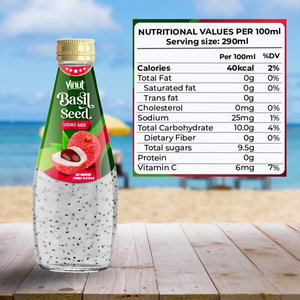 Muestra gratis de bebida de semillas de albahaca con jugo de lichi ISO HALAL KOSHER Etiqueta Privada precio al por mayor OEM ODM - Product Image 2