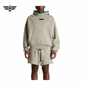 Men's Blue Hooded Fleece Breathable Woven Zip-Up Jacket <b>Set</b> Casual Solid Color <b>Knitted</b> Cotton Shorts Spring Wear - Product Image 5