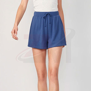 Women's High Waist Blue Knitted Shorts With Pockets <b>Drawstring</b> Closure Casual Loose Fit Breathable Solid Color - Product Image 3