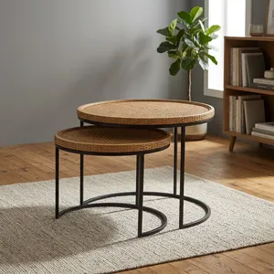 Modern Handmade Round Wooden Side <b>Table</b> with Iron Legs <b>Nesting</b> Design Rajasthan Living Room Furniture - Product Image 5