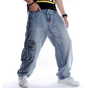 Pantalon de travail en denim de coton baggy Hip Hop coupe ample pour hommes, jean à jambe droite, poches plaquées, style de rue - Product Image 5