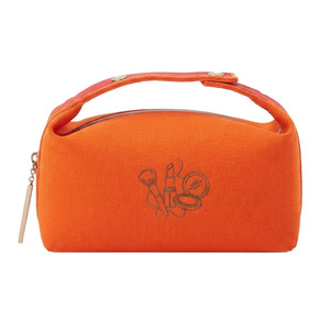 Trousse de Maquillage Orange en Toile Brodé avec Fermeture Éclair, Poignée Souple, Grande Capacité, Tendance, Portable pour le Voyage et le Rangement - Product Image 1