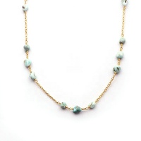Collier classique en perles de Larimar originales, plaqué or, fil enroulé, lisse et poli, 36 pouces, unisexe, bleu, chapelet, anniversaire