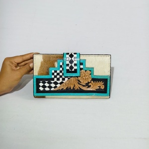 Cartera de Moda para Mujer, Diseño Floral, Patrón a Cuadros, Hecha a Mano con Cuero Vacuno Repujado de Primera Calidad, Estilo Western - Product Image 1