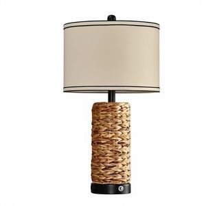 Lampe de table moderne minimaliste en métal et rotin avec abat-jour en forme de tambour, design simple, lumière blanc chaud à intensité variable, protection des yeux, pour salon - Product Image 1