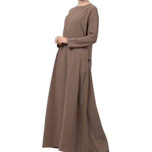 Robe Abaya longue marron à manches longues pour femme, en coton uni, col rond, coupe ample, style Moyen-Orient, pour usage quotidien - Product Image 4