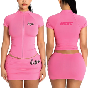 Clothing Manufacturers Summer Zipper Short Sleeve <b>Jacket</b> and Skirt Streetwear <b>Workout</b> Sets Women 2 Piece Shorts Set Tracksuit - Product Image 1