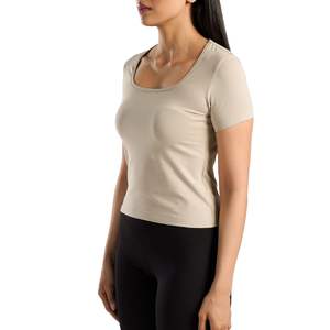 Camiseta Deportiva Personalizada para Mujer, Color Beige, Corte Ajustado, Manga Corta, Cuello Redondo, Elástica, Transpirable, Suave, para Gimnasio, Fitness y Yoga - Product Image 5