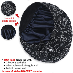 Drain Sports DS-SC-1607 Black Floral Surgical Cap Buttons <b>Tie</b> <b>Back</b> Unisex Polyester/Cotton Scrub Headwear Hospital Uniforms - Product Image 2