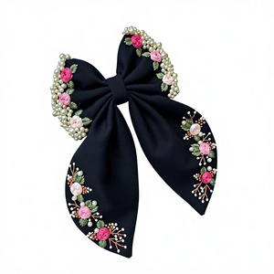 Lazo para el Cabello Hecho a Mano con Bordado Floral, de Chifón y Terciopelo, Ajustable, Ecológico, con Cinta Larga, Elegante, para Bodas - Product Image 1