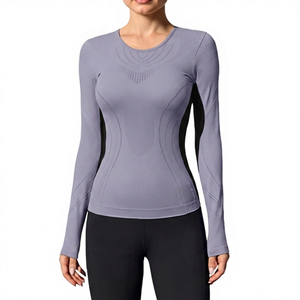 <b>Women's</b> Gray Long Sleeve Breathable <b>Compression</b> <b>Top</b> Crew Neck Workout Fitness Shirt Autumn/Winter/Spring - Product Image 2