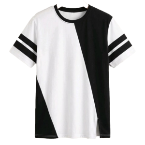 เสื้อยืดผู้ชาย คอโอ แขนสั้น ทรงปกติ สไตล์ลำลอง สีดำขาวตัดขอบ แต่งขอบด้วยผ้าถัก 100% ผ้าฝ้าย - Product Image 1