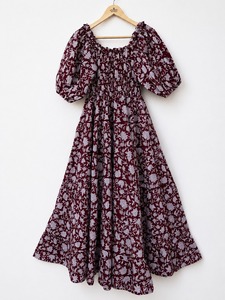 Deep Red Floral 100% Cotton Shirred Maxi Dress Boho Resort Vacation Wear Flowy <b>Summer</b> Short Sleeve Dress Festive Outfit - Product Image 1