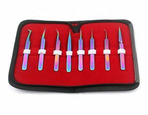 Juego Profesional de 8 Pinzas de Acero Inoxidable Multicolor para Extensión de Pestañas con Varios Diseños de Puntas y Estuche de Cuero - Product Image 1