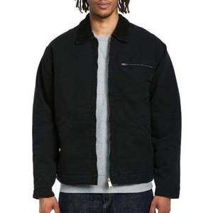 Men's Black Canvas <b>Racer</b> <b>Jacket</b> Turn-down Collar Zipper Closure Workwear Style Autumn Regular Fit Solid Color Cotton Lining - Product Image 2