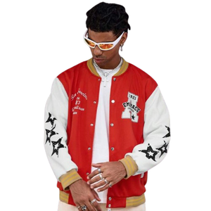 Red & White College Baseball <b>Jacket</b> for <b>Men</b> with Contrast Star Arm Design Varsity Style Streetwear Outerwear <b>Warm</b> Winter Fashion - Product Image 1