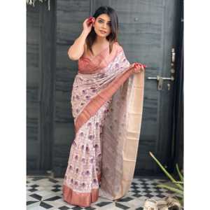 Sari de Noche con Estampado Floral de Seda Lavanda Assam de Elite Weaves con Borde Tejido con Hilo Zari 500g - Product Image 5