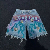 Nuevos Shorts Vaqueros Casuales de Alta Calidad Personalizados con Decoración Retro de Pintura en Aerosol y Cristales de Imitación, Lavado Claro con Proceso Vintage