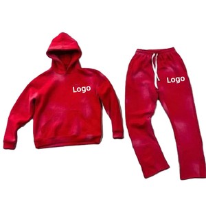 Custom Logo <b>Red</b> <b>Hoodie</b> And Sweatpants Set 100 Cotton Breathable Casual Tracksuit For Adults Autumn Wear - Product Image 5