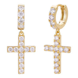 Pendientes de Aro Colgantes de Moissanita con Cruz en Plata de Ley Bañada en Oro, Diseño de Cruz con Incrustaciones de Diamantes - Product Image 1